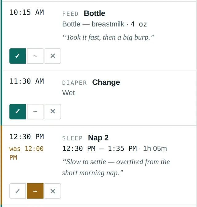 Demo shift view: feeds, naps and diaper changes ticked as planned, with one nap moved later and marked in amber