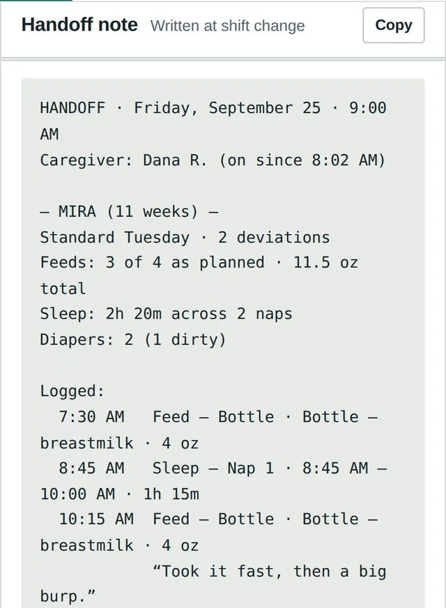 Demo handoff note: written summary of feeds, sleep and diapers with times and caregiver notes